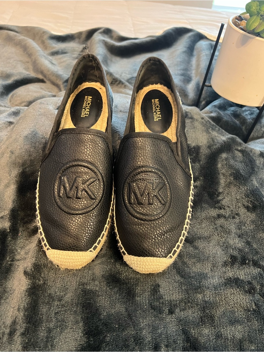 Michael Kors Black Leather MK Logo Espadrille Slip-Ons